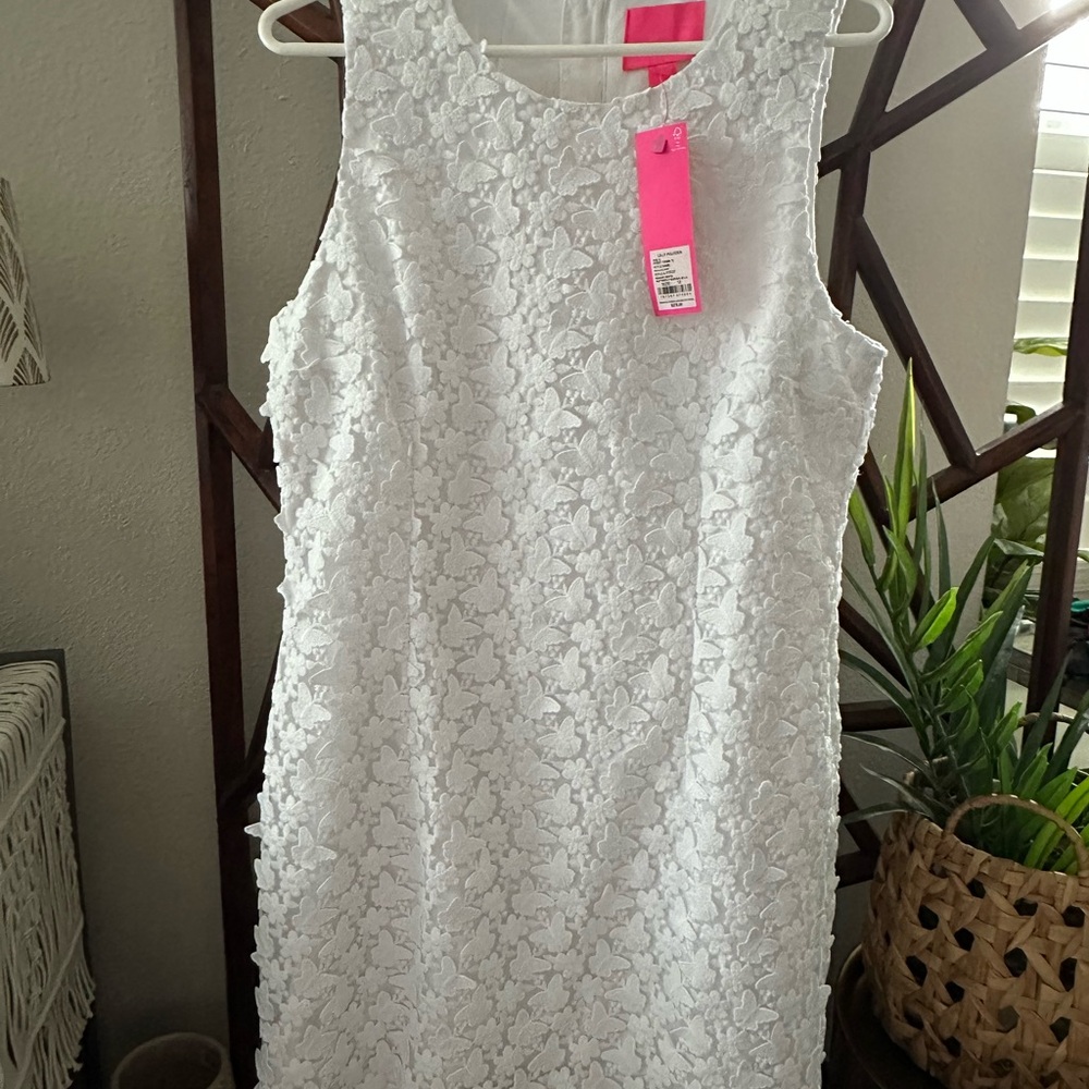 Lilly Pulitzer Mila Lace Shift Dress, resort white, butterfly garden 3D
